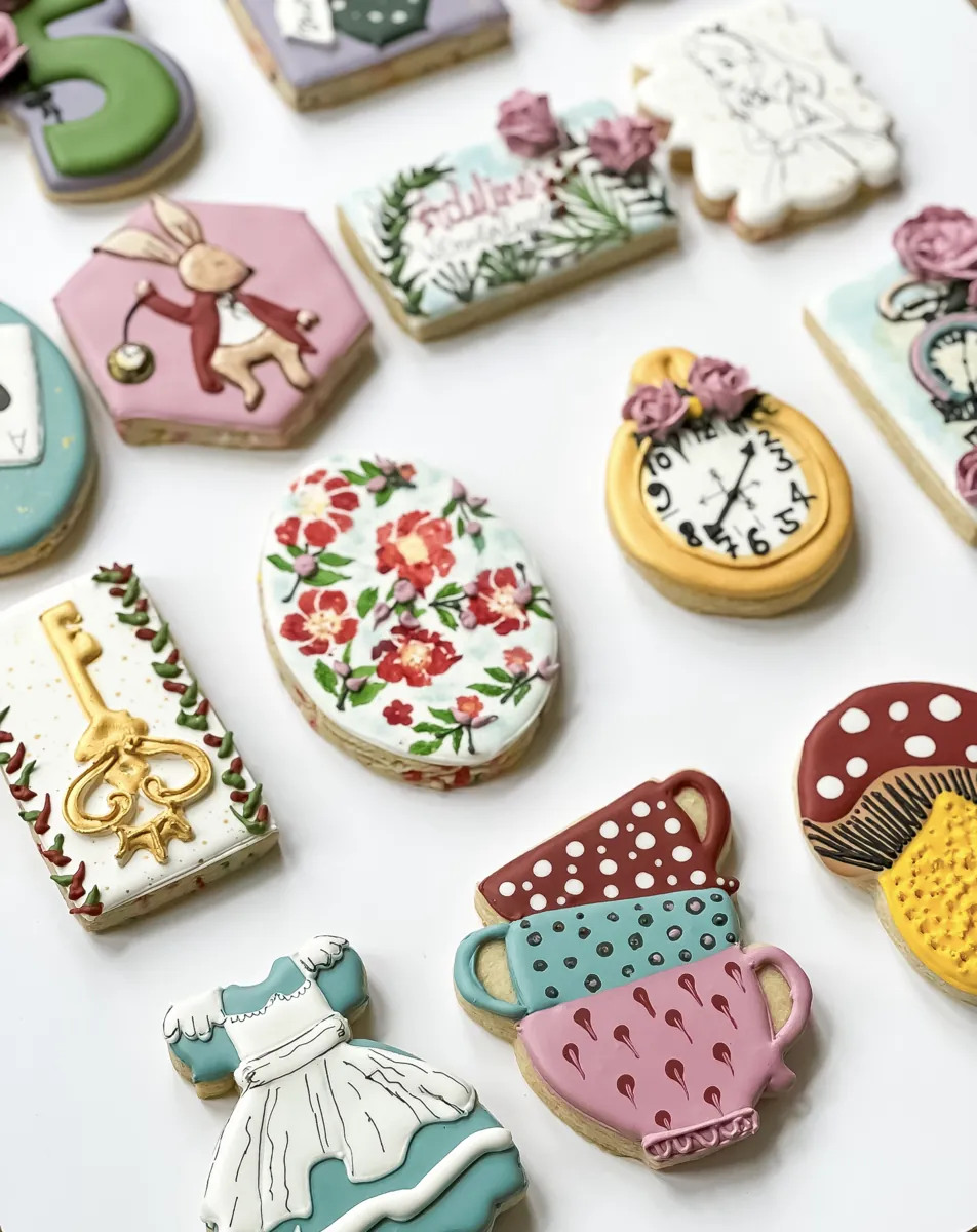 Alice in Wonderland birthday cookies with white rabbit, pocket watch, teacups, key and mushroom