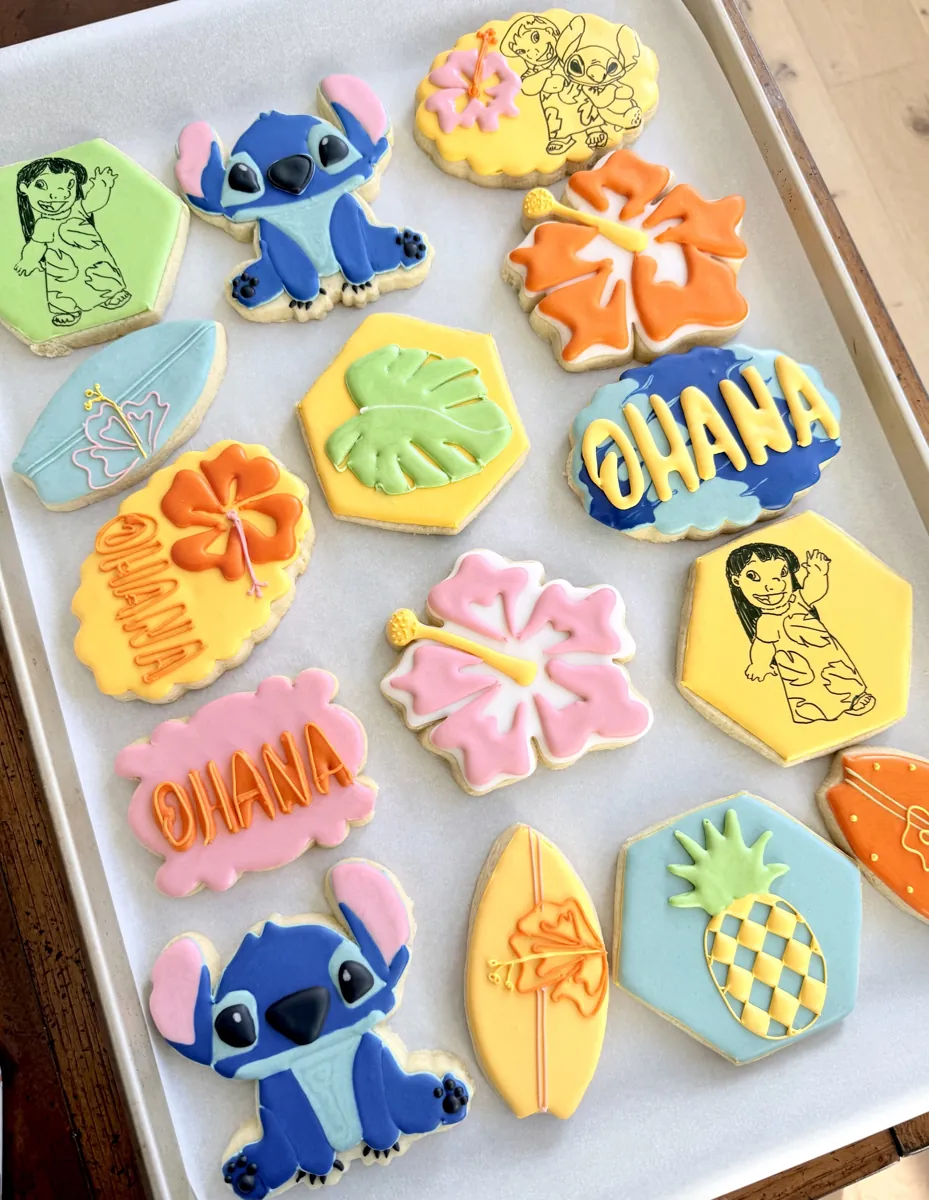 Lilo and Stitch Ohana themed birthday cookies with hibiscus flowers, surfboards and pineapple