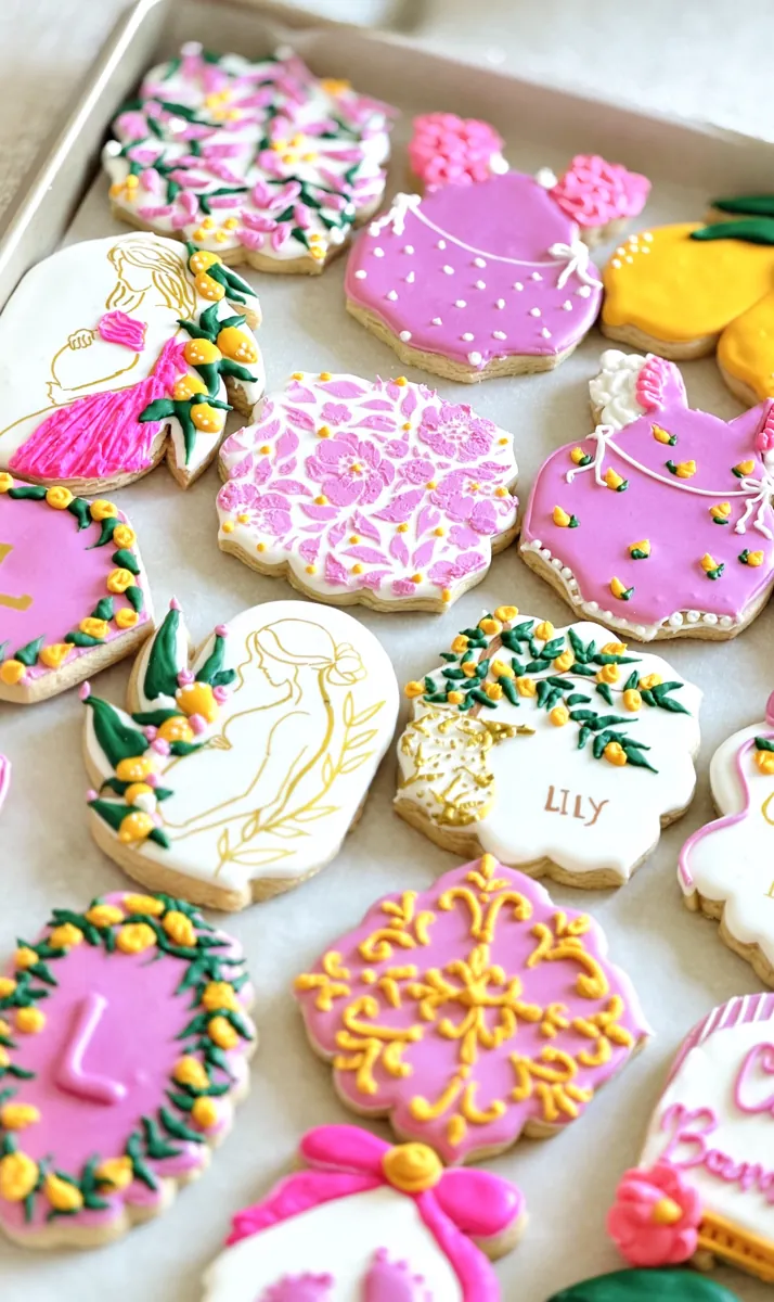 Pink and yellow lemon baby shower cookies with floral stencils, onesie cookies and a gold line drawing of an expecting mother